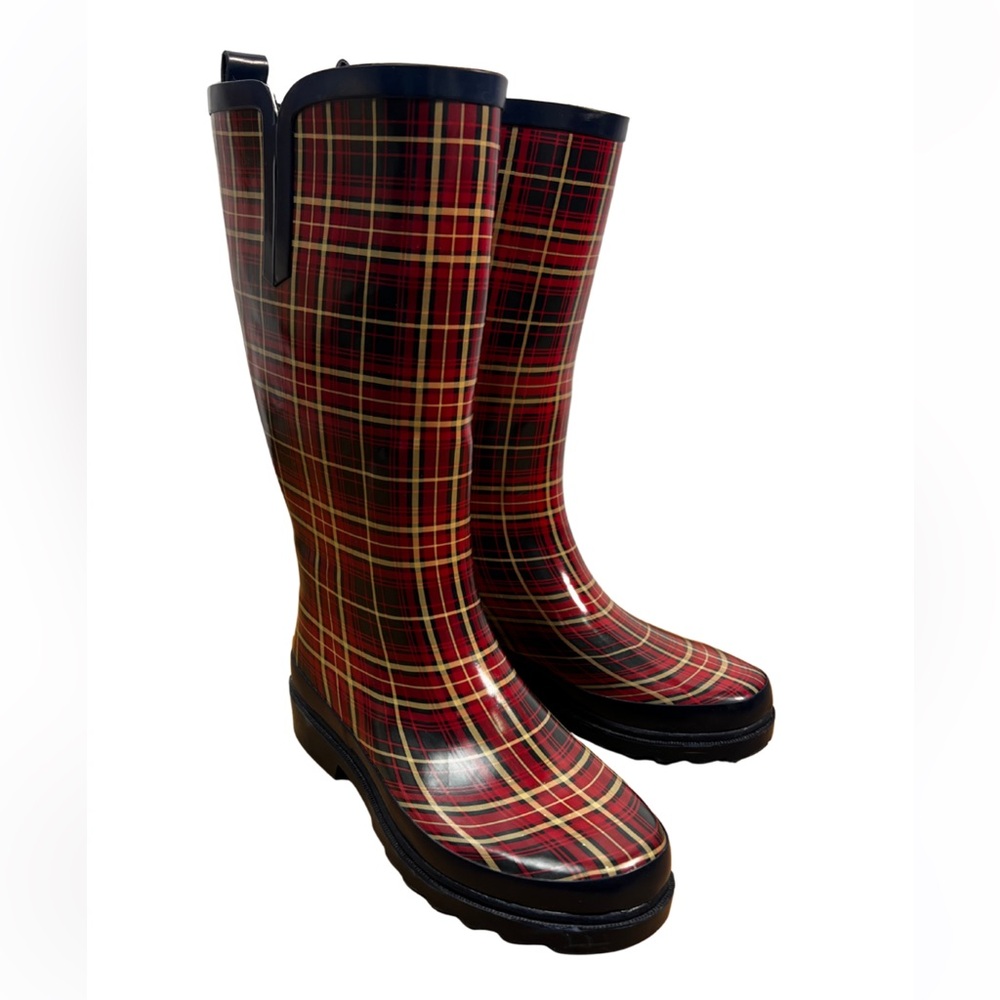 Brit & Bridle red blue black tan tartan plaid rubber rain winter snow boots 6